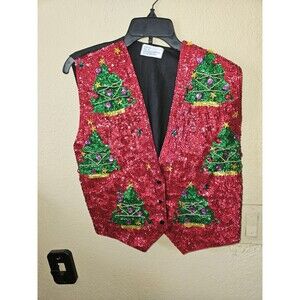 Vintage JC USA Red Sequin Christmas Tree Vest, L